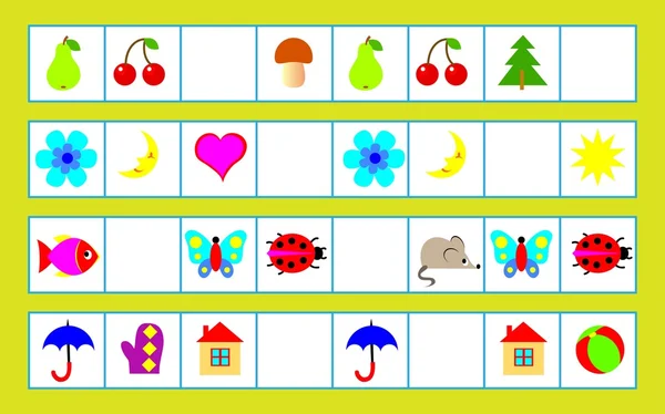 Logikrätsel für Kinder - müssen Regelmäßigkeit finden und die richtigen Objekte in leere Quadrate zeichnen. — Stockvektor