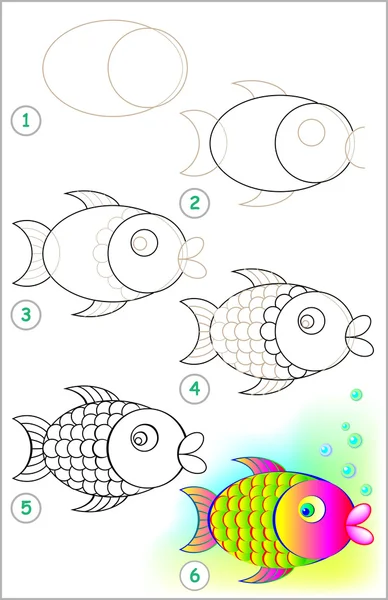 Page shows how to learn step by step to draw a fish. — Stock Vector