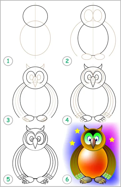 Página mostra como aprender passo a passo para desenhar uma coruja . —  Vetores de Stock