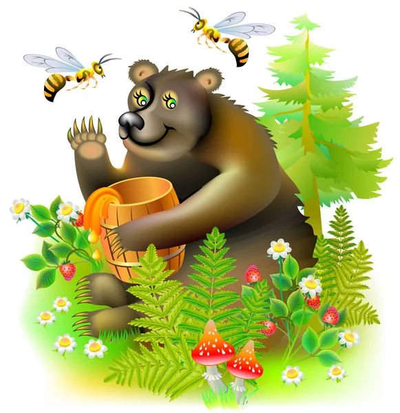 Oso pardo sentado en el bosque con un barril de miel . — Vector de stock
