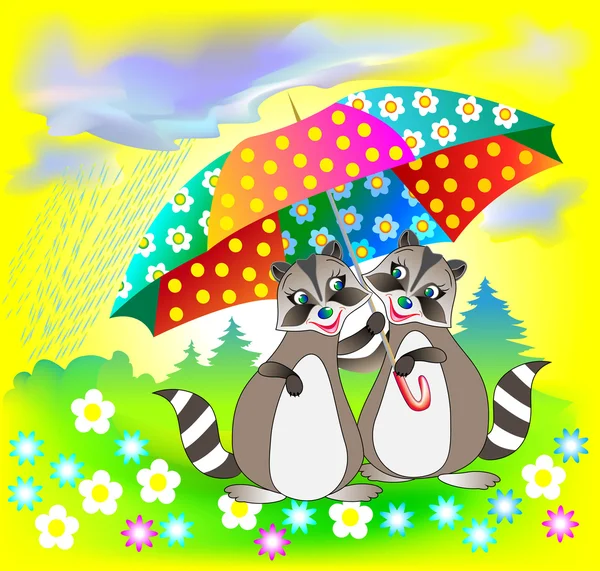 Illustration of couple of raccoons holding umbrella. — Stock Vector