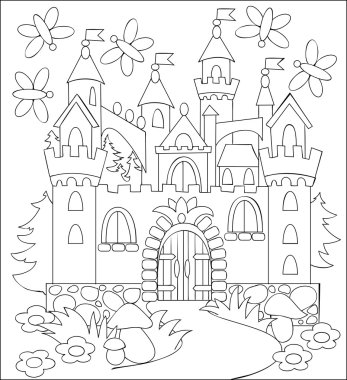 Siyah beyaz resim boyama fairyland Ortaçağ Kalesi.