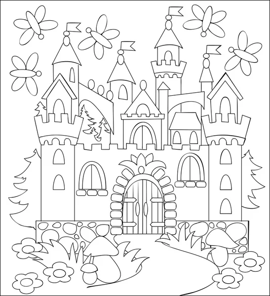 黑色和白色的仙境中世纪城堡为着色的插图. — 图库矢量图片
