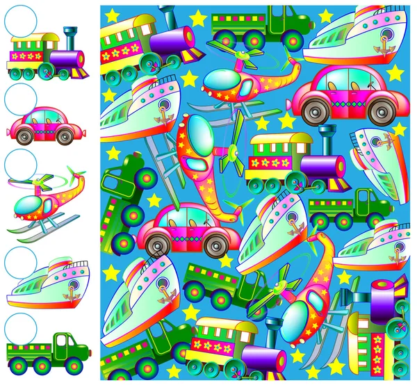 Exercices pour les enfants - doit compter les véhicules de transport et tirer les numéros correspondants dans les cercles . — Image vectorielle