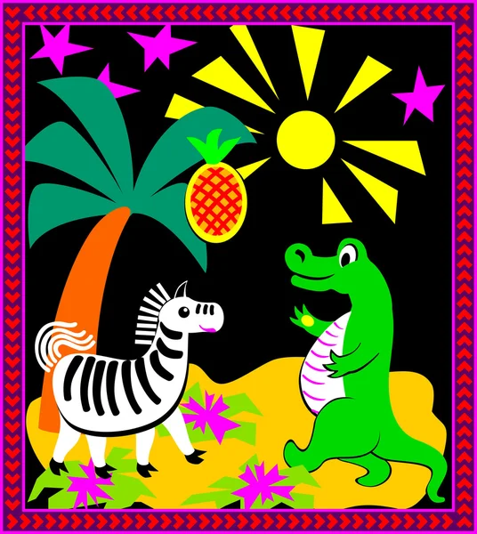 Illustration of crocodile and zebra playing, vector cartoon image. — Stock Vector