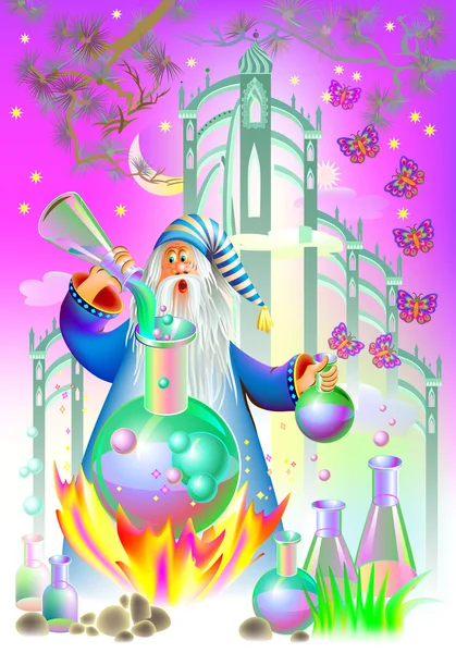 Illustratie van wizard doen alchemie. — Stockvector