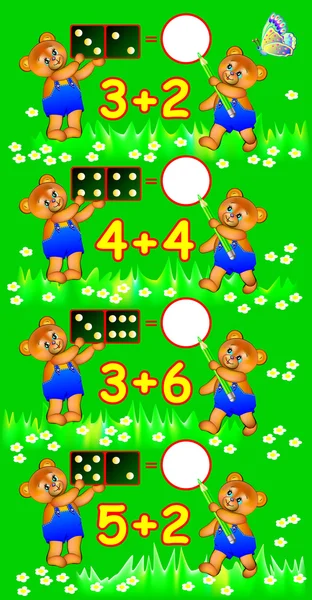 Los ejercicios para los niños - es necesario decidir los ejemplos y escribir los números en los círculos pertinentes . — Vector de stock
