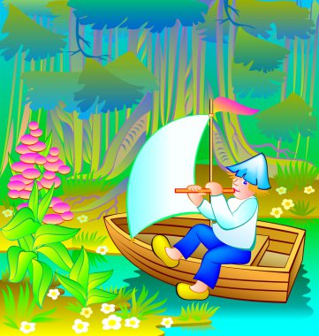 Küçük çocuk fairyland ormanda yelken.