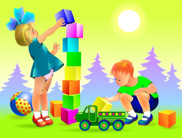 Ilustración de un niño y una niña jugando en el jardín . — Vector de stock