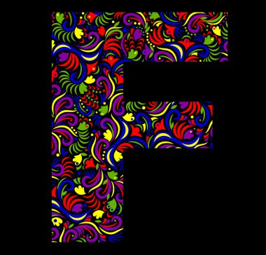 Fantezi harfi F siyah arka plan üzerinde gösterimi.