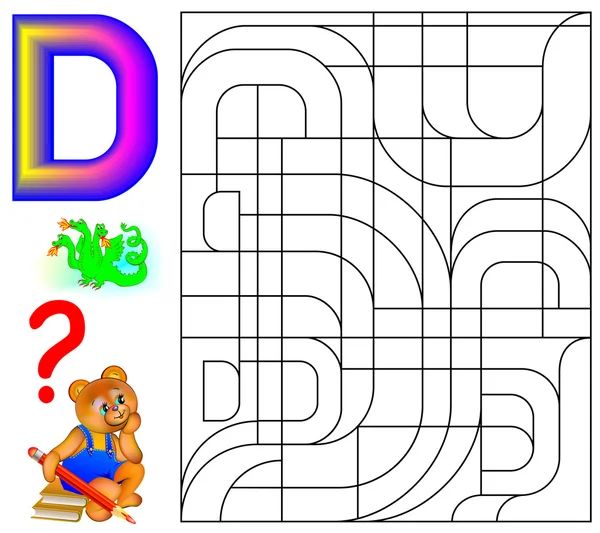 Educational page with letter D for study English. Logic puzzle. Find and paint 5 letters D. — Stock Vector