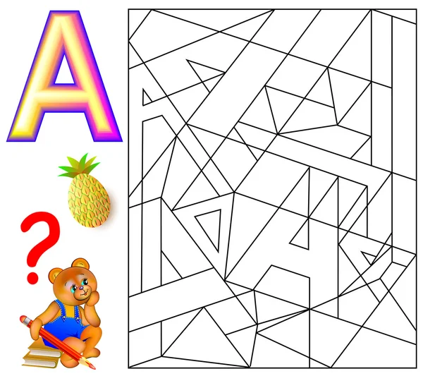 Pedagogiska sida med bokstaven A. logik pussel. Hitta och måla 5 bokstäverna A. — Stock vektor