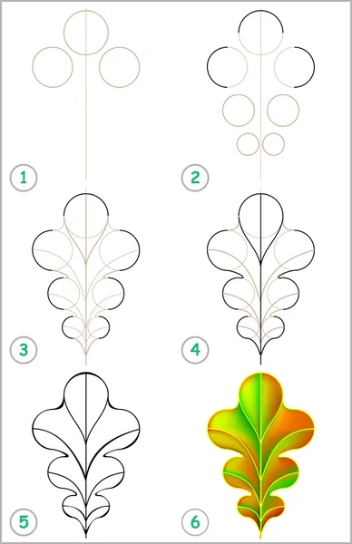 Pagina mostra come imparare passo dopo passo a disegnare una foglia di quercia . — Vettoriale Stock