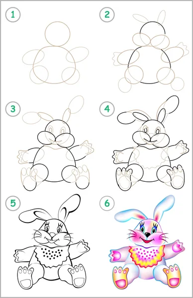 Página mostra como aprender passo a passo para desenhar um coelho de brinquedo . —  Vetores de Stock