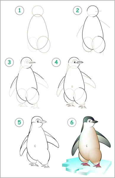 Página mostra como aprender passo a passo a desenhar um pinguim . — Vetor de Stock