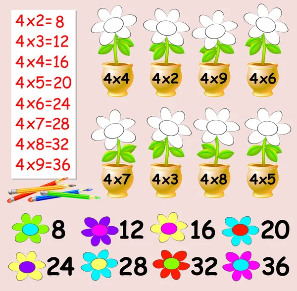 Вправа для дітей з множенням на чотири - потрібно пофарбувати квіти відповідного кольору . — стоковий вектор