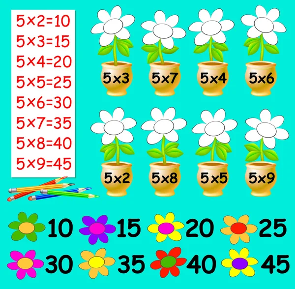 Übung für Kinder mit Multiplikation mit fünf - müssen die Blumen in der entsprechenden Farbe malen. — Stockvektor