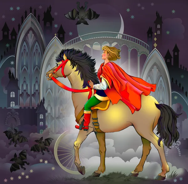 年轻的王子骑着一匹马在仙境中. — 图库照片