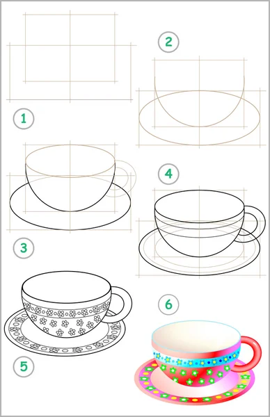 Pagina mostra come imparare passo dopo passo a disegnare una bella tazza . — Vettoriale Stock