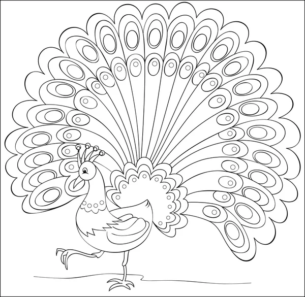 Página con ilustración en blanco y negro de pavo real de fantasía para colorear . — Archivo Imágenes Vectoriales