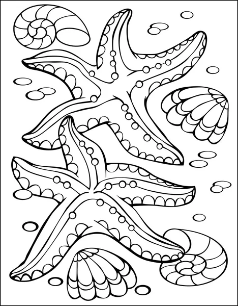 Page with black and white illustration of starfish for coloring. — Stock Vector