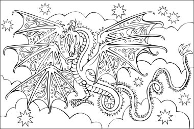 Siyah ve beyaz boyama için ejderha çizim sayfasıyla. Çizim için çocuklar becerilerini geliştirmek. Vektör görüntü.