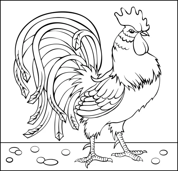 Page with black and white drawing of rooster for coloring. Developing children skills for drawing. Vector image. — Stock Vector
