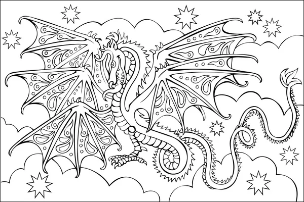 Страница с черно-белым рисунком дракона для раскраски. Развитие навыков рисования у детей. Векторное изображение . — стоковый вектор