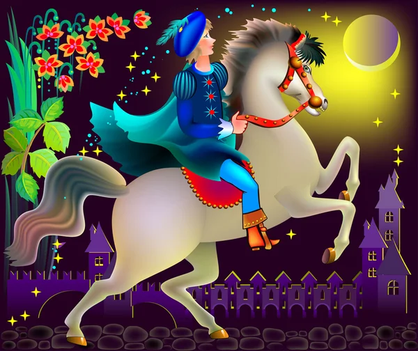 Illustration of prince riding on a horse in wonderland. — Stock Vector