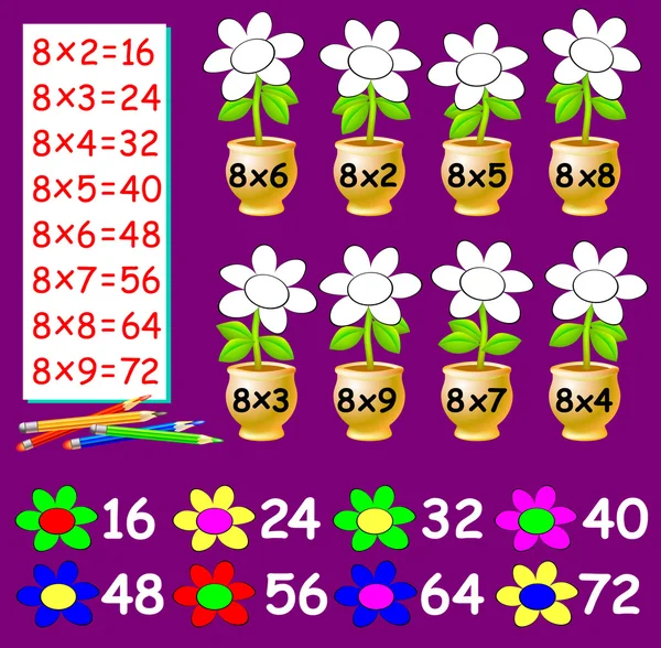 Übung für Kinder mit Multiplikation mit acht - müssen die Blumen in der entsprechenden Farbe malen. — Stockvektor