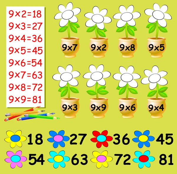 Exercice pour les enfants avec multiplication par neuf besoin de peindre les fleurs dans la couleur appropriée . — Image vectorielle