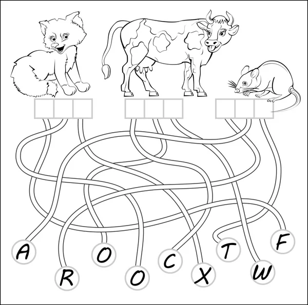 Educatieve pagina voor kinderen met oefeningen voor studie Engelse woorden. Moet de lijnen tekenen en schrijven van de letters in de relevante vakken, de dieren na te schilderen. — Stockvector