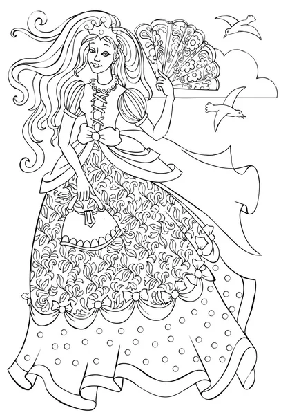 Ilustración en blanco y negro de la hermosa princesa para colorear. Desarrollar habilidades infantiles para el dibujo . — Vector de stock