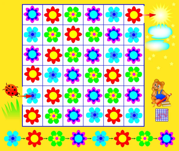 Gra logiczna z labiryntem - trzeba znaleźć sposób z biedronką na słońce, respektując prawidłowości i Dołącz do kwiatów przez linii pionowej lub poziomej.. — Wektor stockowy