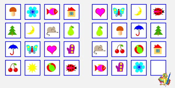 Logikrätsel. müssen das fehlende Objekt finden und in ein leeres Quadrat zeichnen. — Stockvektor