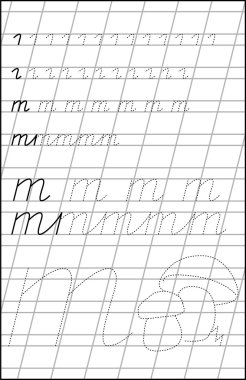 Page with exercises for children on a paper in line with letter M. clipart