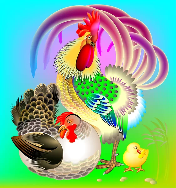 Illustration von Hahn, Henne und Hühnchen. — Stockvektor