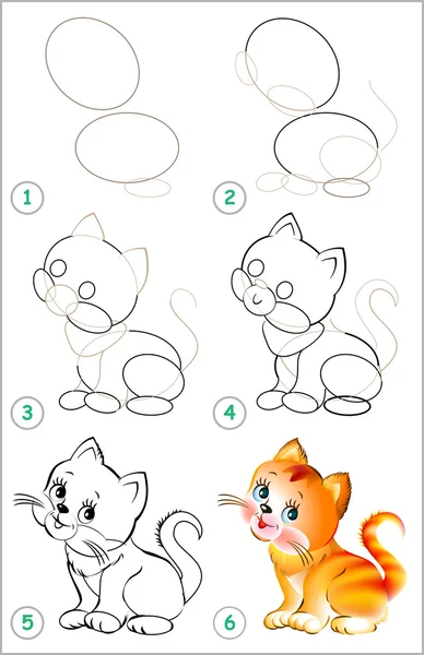 Page shows how to learn step by step to draw a kitten. — Stock Vector