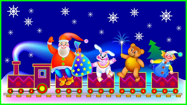 Χριστούγεννα ευχετήρια κάρτα με τον Άγιο Βασίλη και τα αστεία παιχνίδια. — Διανυσματικό Αρχείο