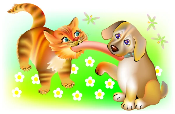 Illustration of cat and dog biting one sausage. — Stock Vector