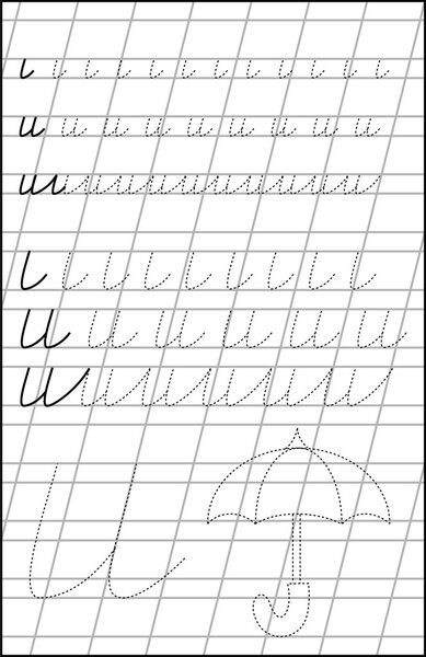 Page with exercises for children on a paper in line with letter U.
