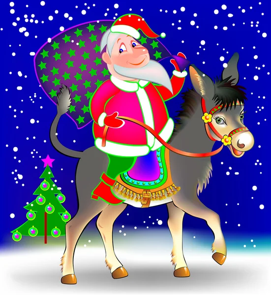 Illustration des lustigen Weihnachtsmannes beim Reiten auf dem Esel. — Stockvektor