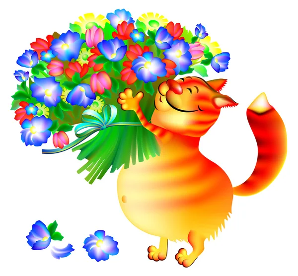 Illustration of ginger cat with bouquet of flowers. — Stock Vector