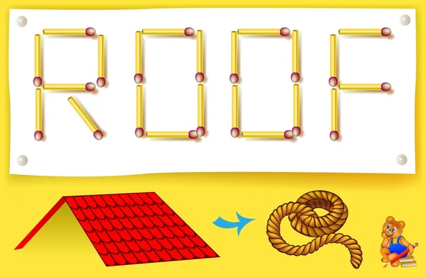 Logikspiel zum Erlernen von englischen Wörtern. Zwei Streichhölzer bewegen, um Seil vom Dach zu machen. — Stockvektor