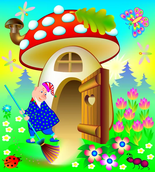 Illusztráció: vicces gnome, takarítás a ház. — Stock Vector