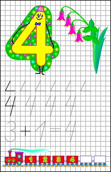 Lernseite für Kinder auf quadratischem Papier mit der Nummer 4. — Stockvektor