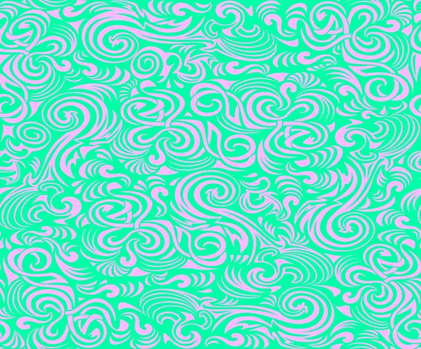 Abstraktes rosa und grünes nahtloses Muster für Tapeten mit handgezeichneten bunten Wellen. — Stockvektor