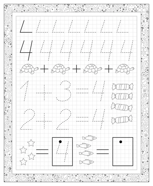 Svart och vitt-kalkylblad på en kvadratiska papper med övningar för små barn. Sida med nummer fyra. — Stock vektor