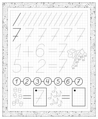 Black and white worksheet on a square paper with exercises for little children. Page with number seven. clipart