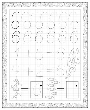 Black and white worksheet on a square paper with exercises for little children. Page with number six. clipart